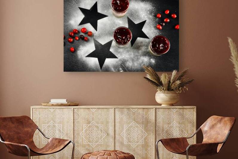 Directly above shot of cranberry fool with fruits on wooden table by Thevectoryfloor