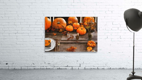 Orange pumpkins on table Wall Preview