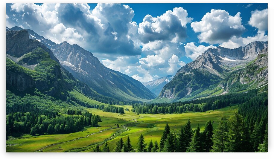 Serene Valley Landscape with Mountains and Clouds by YG Arts