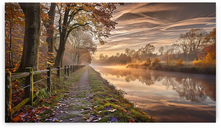Serene Autumn Pathway by Calm River Landscape Art by YG Arts