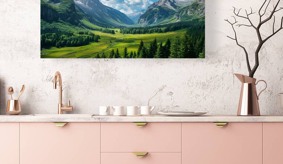 Serene Valley Landscape with Mountains and Clouds by YG Arts