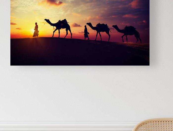 Two cameleers with camels in dunes of Thar deser by Dmitry Rukhlenko