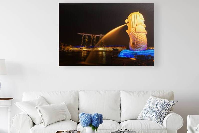 Night view of Singapore Merlion at Marina Bay and Marina Bay San by Dmitry Rukhlenko