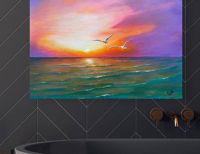 Seagulls over sunset sea by Erin Randall
