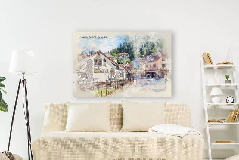 small town Schwarzwald in Germany  in watercolor sketch style by Ariadna-de-Raadt
