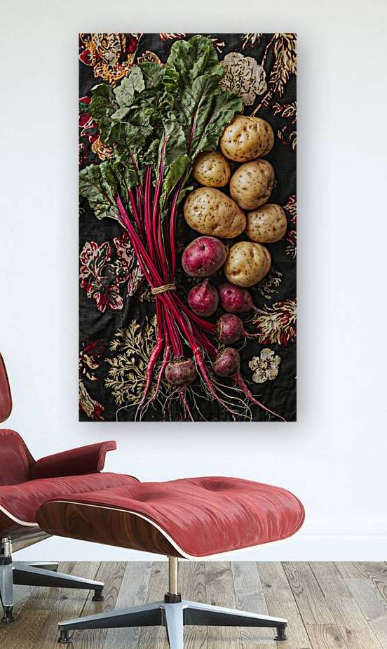 Vertical still life of fresh vegetables by Ariadna-de-Raadt