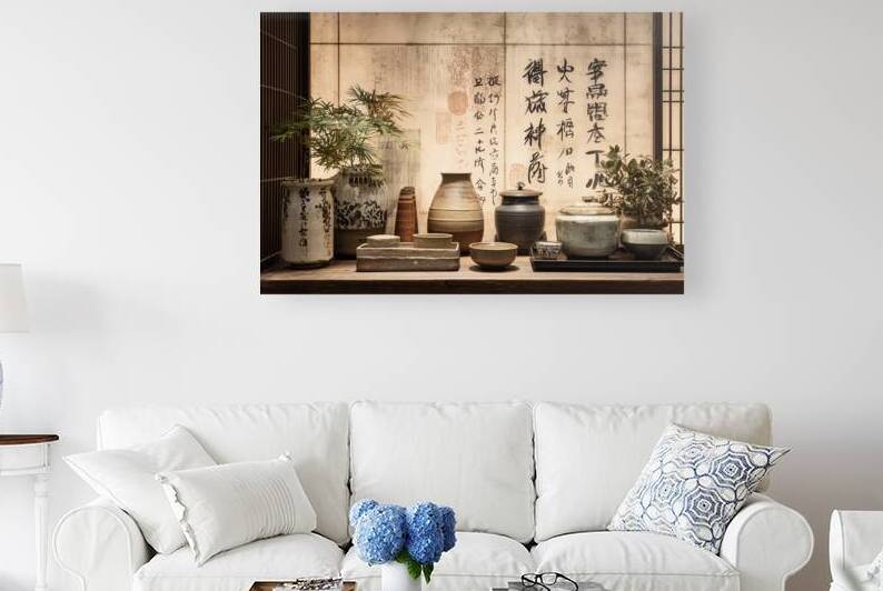 Traditional oriental arts:  pottery  calligraphy and glowing washi screen by Ariadna-de-Raadt