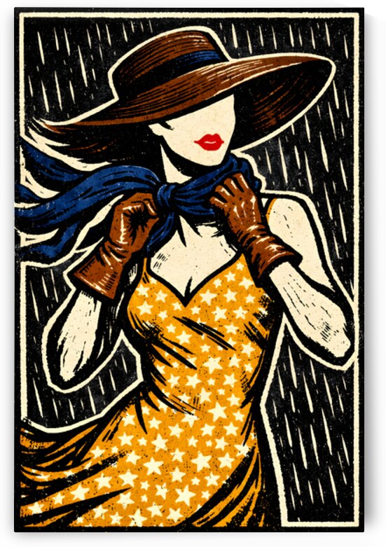 Retro Woman in Star Dress Brim Hat Rain by Faheemabr