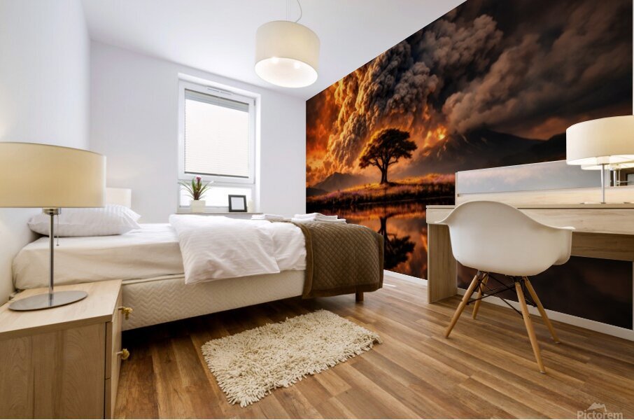 Dramatic Volcano Eruption Tree Reflection Lake Landscape Mural print