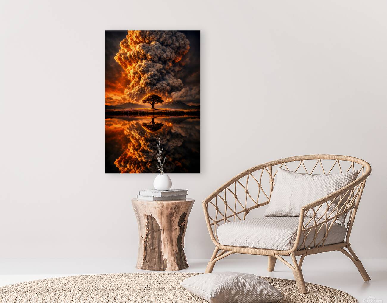 Dramatic Volcano Eruption Tree Reflection Lake Landscape Reproduction