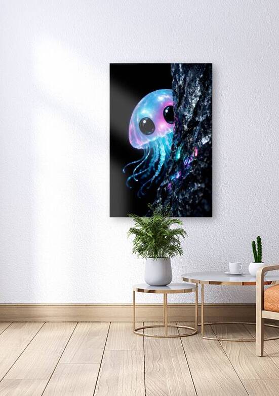 Cute Iridescent Jellyfish Peeking Dark Rock Neon Glow by Faheemabr