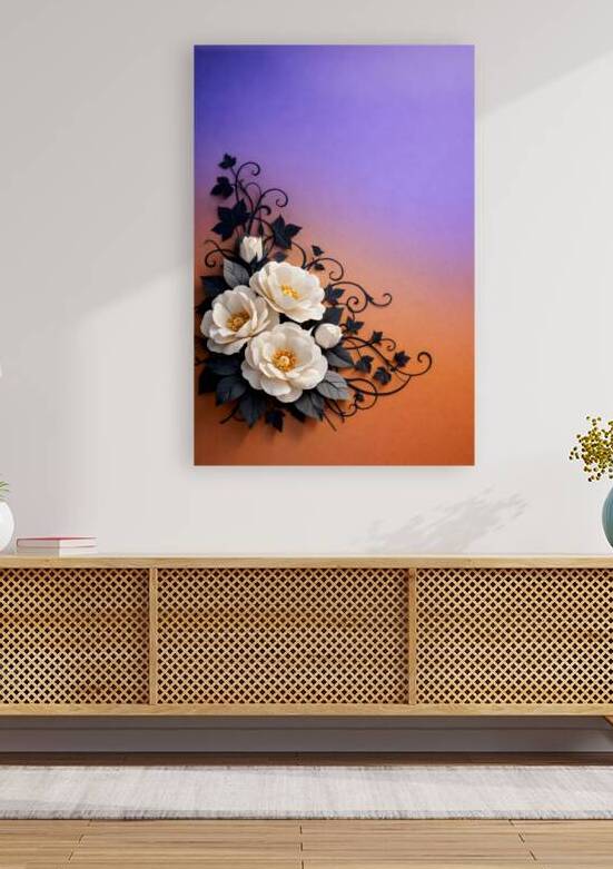 White Paper Peonies Black Scrollwork Vines Sunset Gradient by Faheemabr