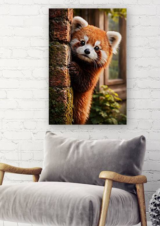 Cute Red Panda Peeking Brick Wall Mossy Garden by Faheemabr