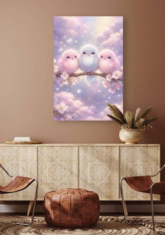 Cute Fluffy Pastel Birds Cherry Blossom Branch Art by Faheemabr
