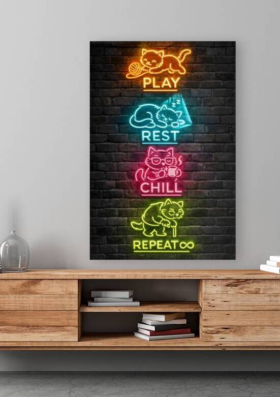 Play Rest Chill Repeat Neon Cat Typography Sign Art by Faheemabr