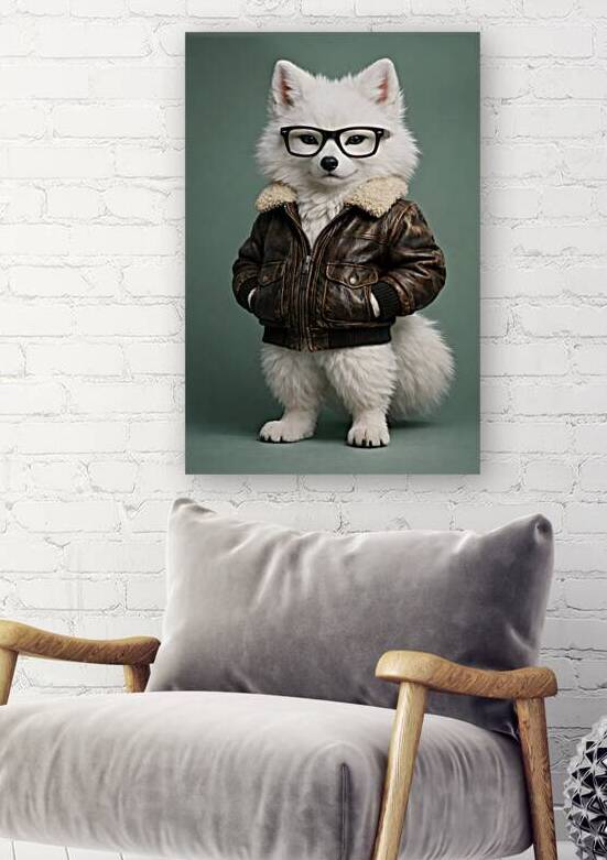 Cute White Artic Fox Cub Jacket Glasses Vintage Studio Portrait by Faheemabr