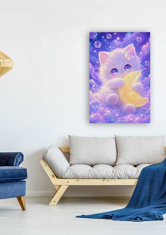 Dreamy White Kitten Hugging Glowing Moon in Pastel Cloud  by Faheemabr