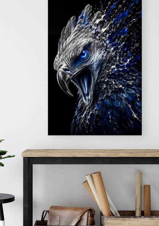 Fierce Metallic Eagle Liquid Blue Splatter Portrait by Faheemabr