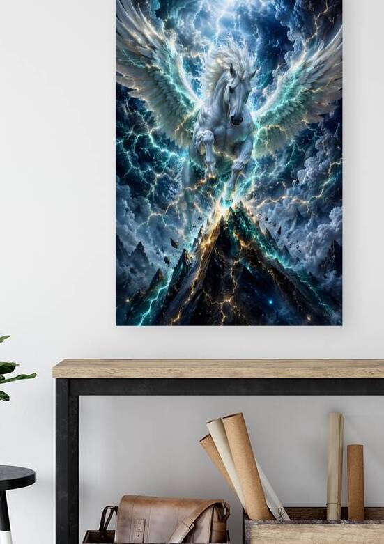 White Pegasus Storm God with Lightning Mountain Fantasy Art by Faheemabr