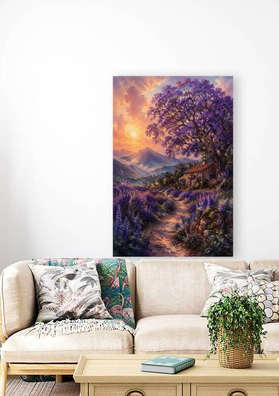 Rustic Stone Cottage Lavender Field Jacaranda Tree Sunset by Faheemabr
