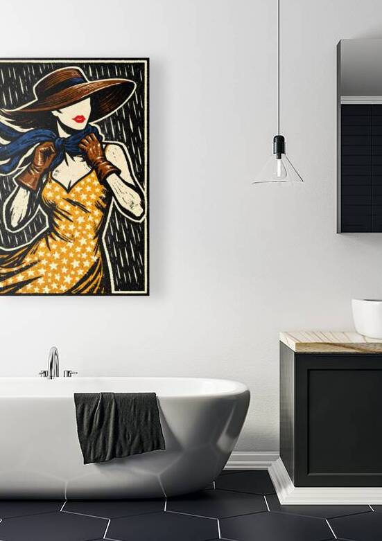Retro Woman in Star Dress Brim Hat Rain by Faheemabr