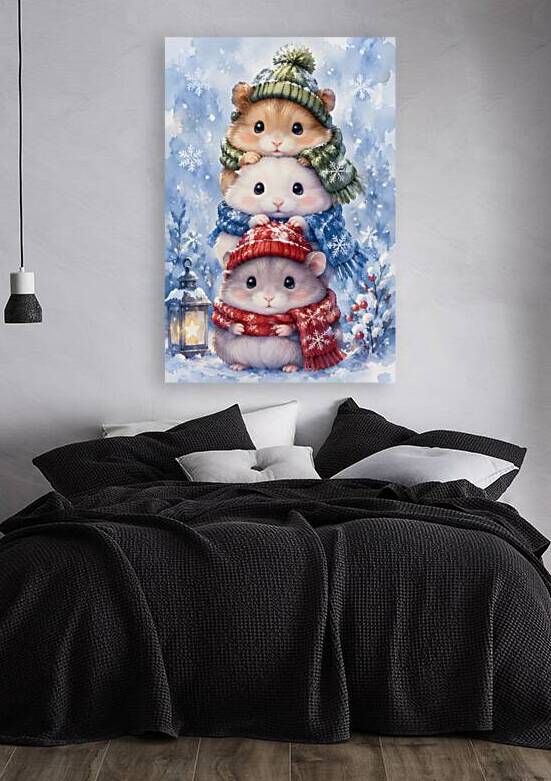 Kawaii Winter Hamster Stack with Cozy Scarves Watercolor Art by Faheemabr