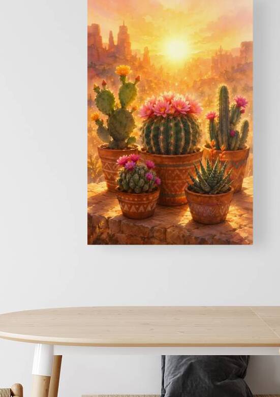 Vibrant Blooming Cacti Pots in Golden Desert Sunset Art by Faheemabr