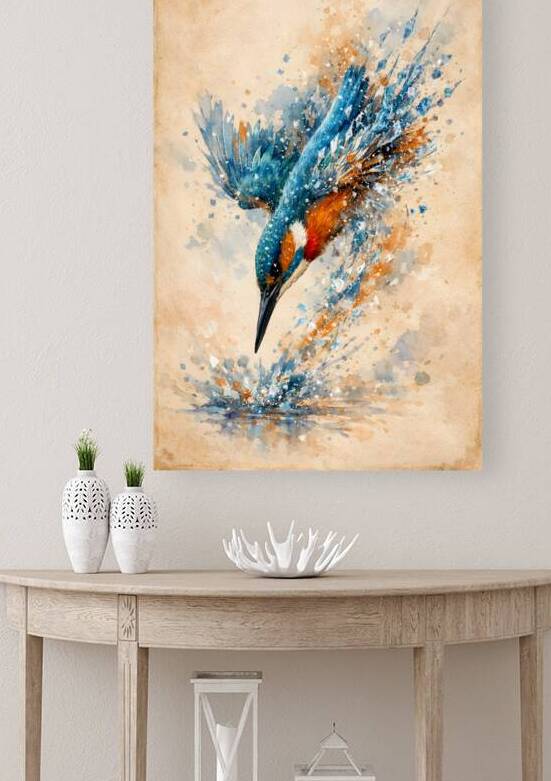 Diving Kingfisher Bird Watercolor Splatter Art by Faheemabr