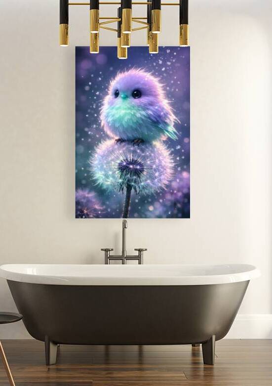 Kawaii Pastel Baby Bird Perched on Glowing Dandelion Art by Faheemabr