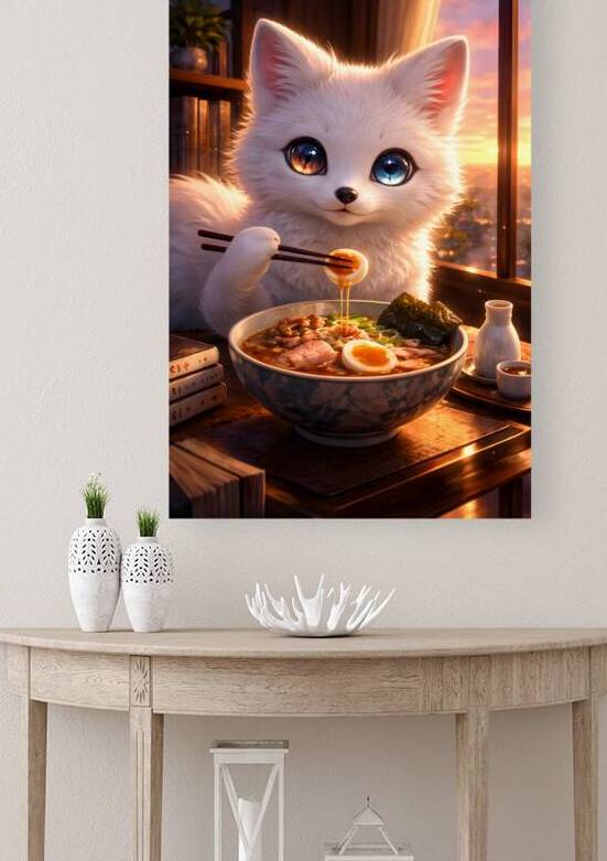 Kawaii White Fox Kitten Eating Ramen Noodle Bowl Art by Faheemabr