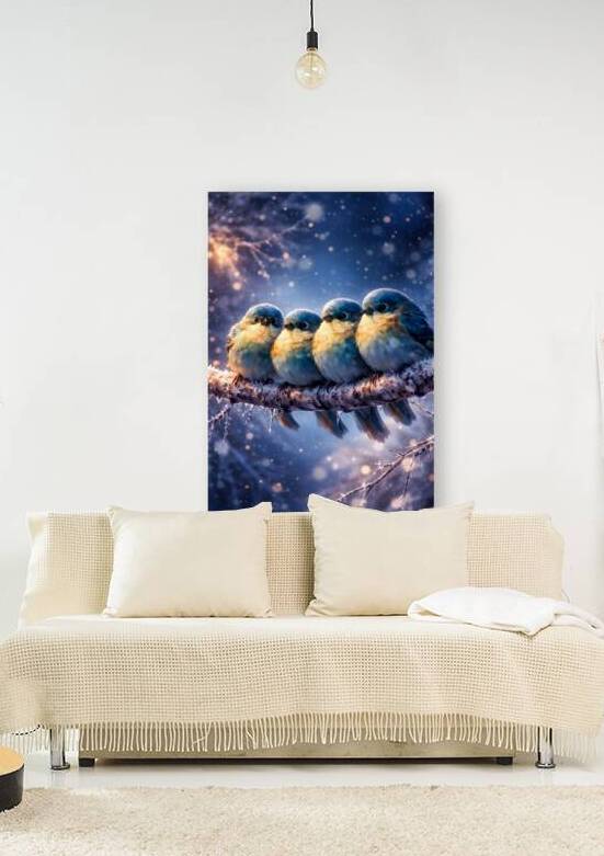 Four Fluffy Bluebirds Sitting on Snowy Winter Branch Art by Faheemabr
