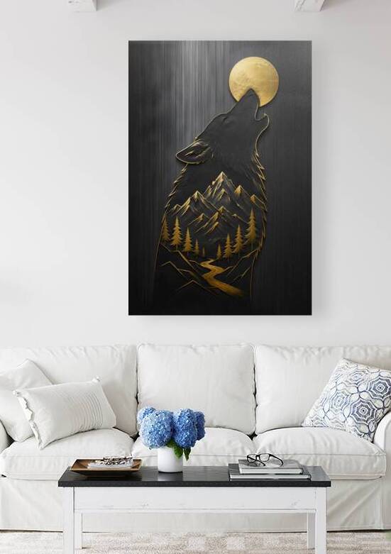 Minimalist Gold Howling Wolf Mountain Forest by Faheemabr