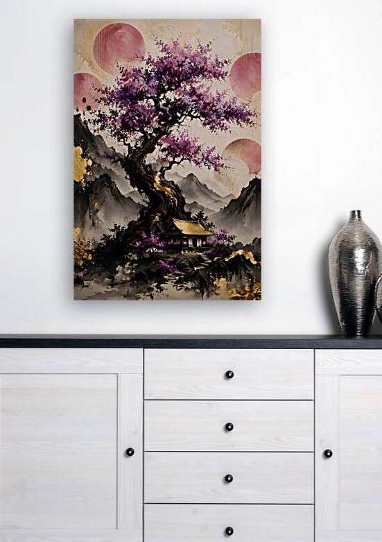 Purple Cherry Blossom Tree with Gold Temple in Misty Ink Wash Mountains by Faheemabr