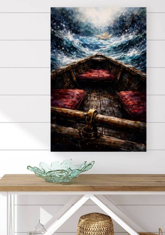 Surreal Watercolor Wooden Boat and Origami Paper Sailboat in Storm Art by Faheemabr
