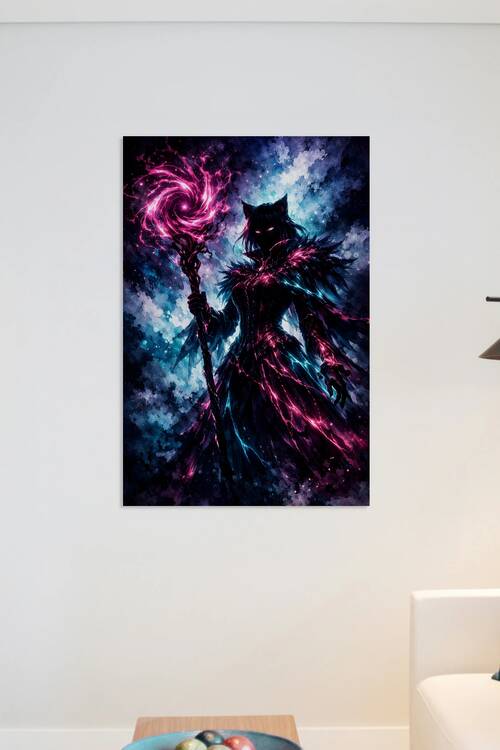 Dark Cat Sorceress with Pink Magic Staff Against Cosmic Nebula by Faheemabr