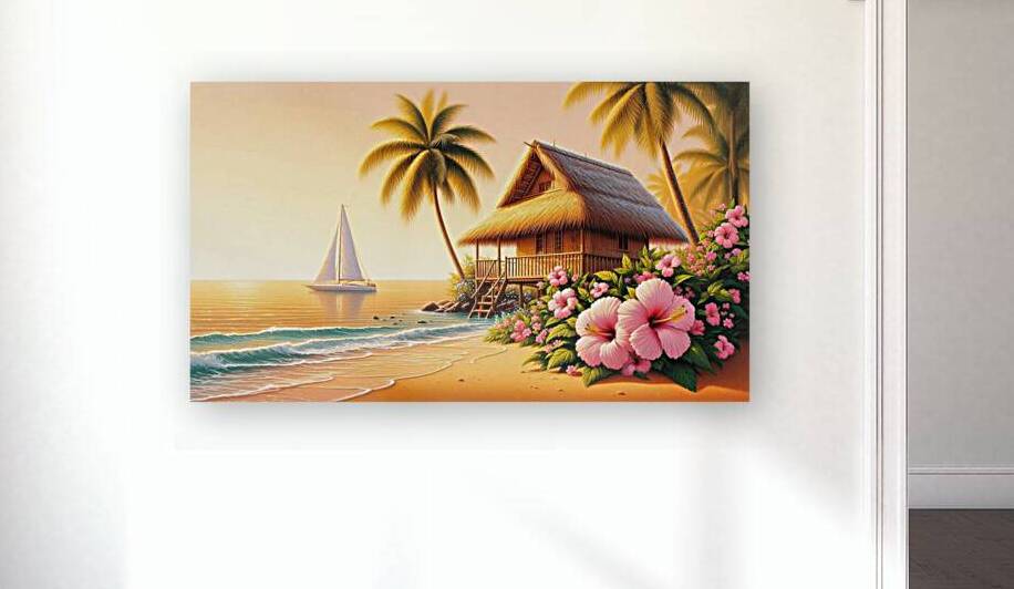 Tropical Beach Hut with Sailboat at Sunset 1 by  Serene Walls