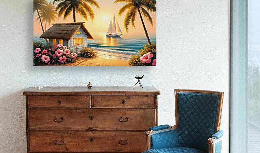 Tropical Beach Hut with Sailboat at Sunset 2 by  Serene Walls