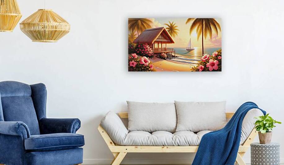 Tropical Beach Hut with Sailboat at Sunset 3 by  Serene Walls