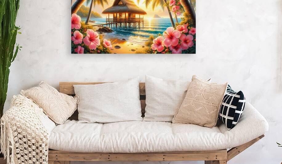 Tropical Beach Hut with Sailboat at Sunset 4 by  Serene Walls