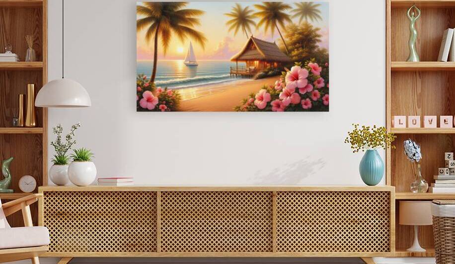 Tropical Beach Hut with Sailboat at Sunset 5 by  Serene Walls