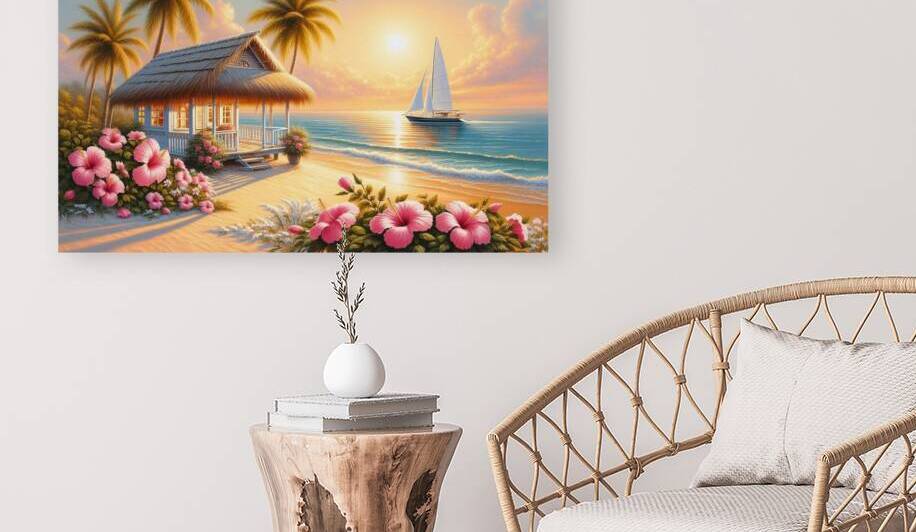 Tropical Beach Hut with Sailboat at Sunset 6 by  Serene Walls