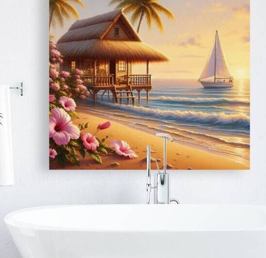 Tropical Beach Hut with Sailboat at Sunset 7 by  Serene Walls