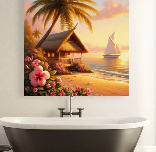 Tropical Beach Hut with Sailboat at Sunset 8 by  Serene Walls