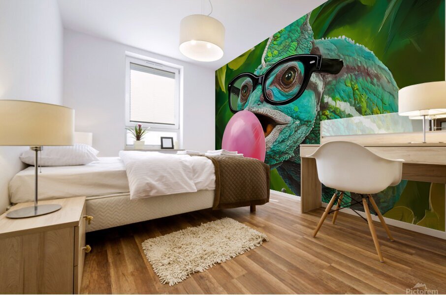 A chameleons wearing glasses and blowing a bubble Mural print