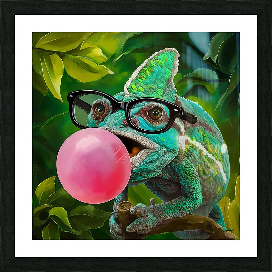 A chameleons wearing glasses and blowing a bubble Picture Frame print