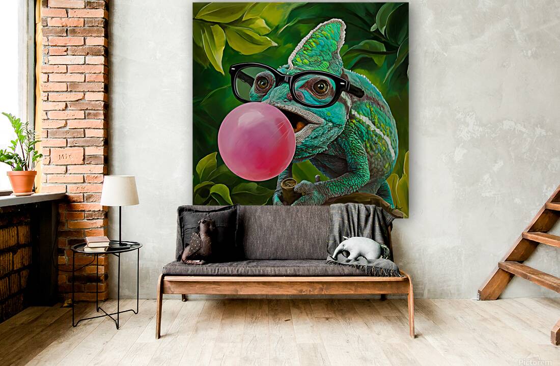 A chameleons wearing glasses and blowing a bubble Reproduction
