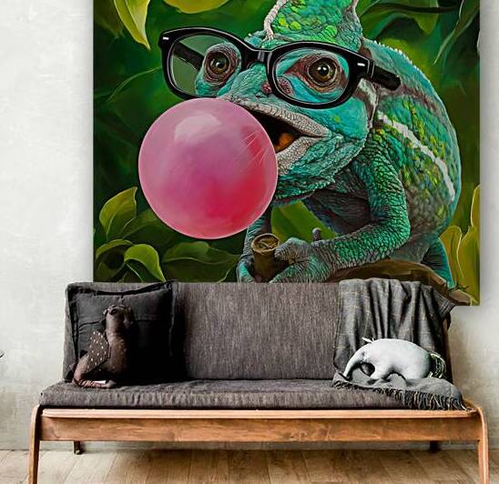 A chameleons wearing glasses and blowing a bubble by Zei nab