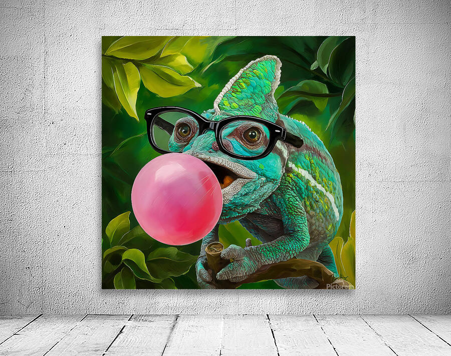 A chameleons wearing glasses and blowing a bubble Wall Preview