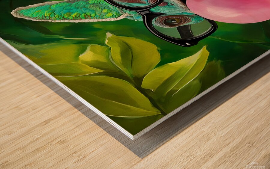 A chameleons wearing glasses and blowing a bubble Wood print