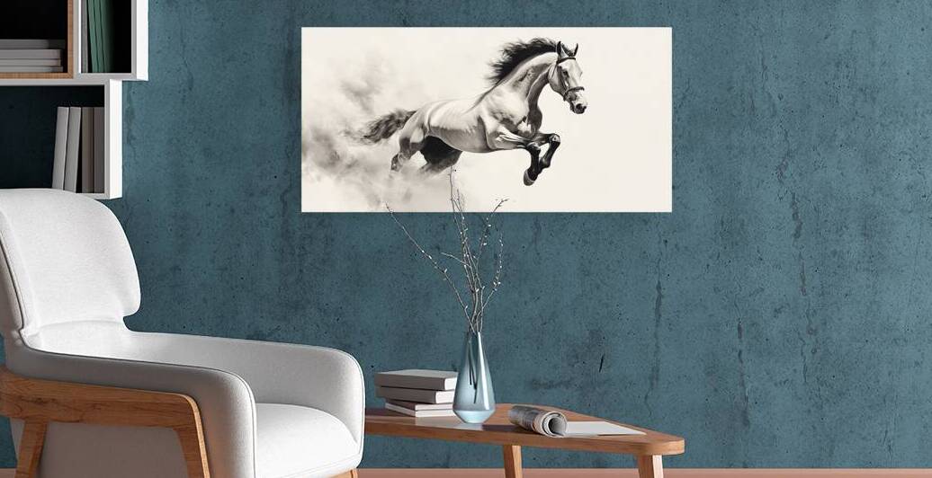 White horse stallion runs gallop over bright background	 by Vaivirga